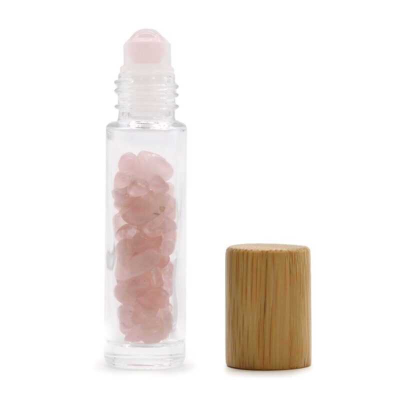 CGRB-03 Edelstein Öl-Roller Rosenquarz – Edelstein-Öl-Roller 5ml – Rosenquarz, Holzkappe | Mona und Meer
