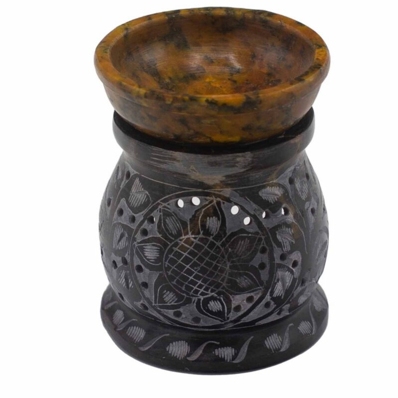 SOAPOB-17 Speckstein-Duftlampe 10cm – Mandala-Blume, Schwarz-Gelb – Duftöle & Duftlampen | Mona und Meer