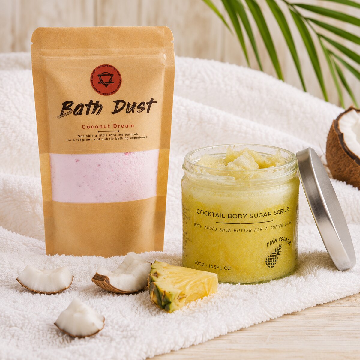 Wellness Geschenkset – Geschenkset "Kleine Auszeit" – Badestaub und Zuckerpeeling Kokos | Mona und Meer (Symbolbild, KI-generiert)